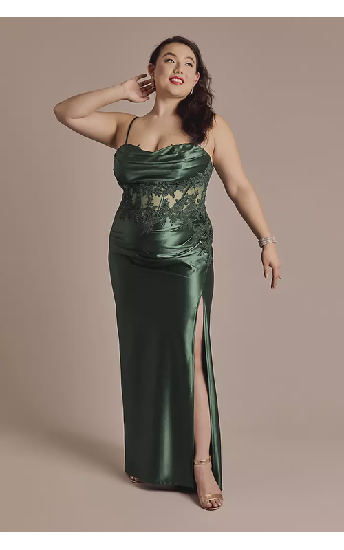 Sculpting Satin Dress with Sheer Corset Bodice