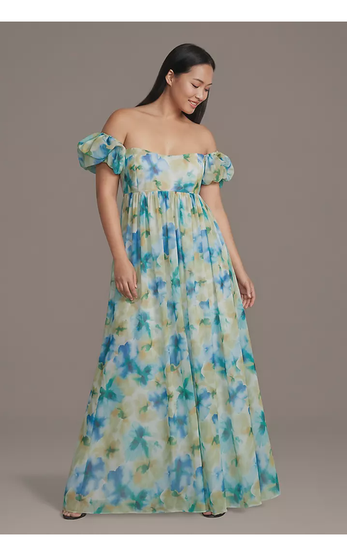 Blurred Floral Chiffon Puff Sleeve Dress