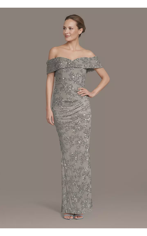 Off-the-Shoulder Pattern Sequin Sheath Dress