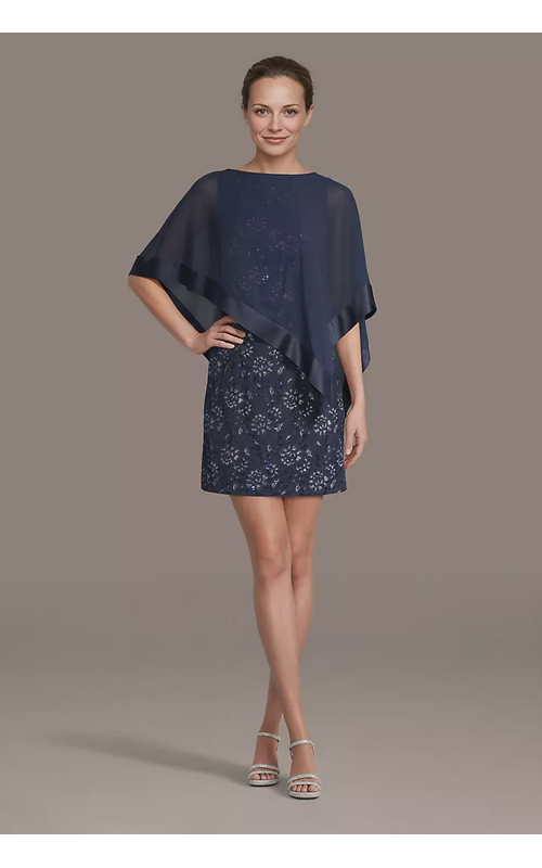 Short Lace Sheath Dress with Chiffon Capelet