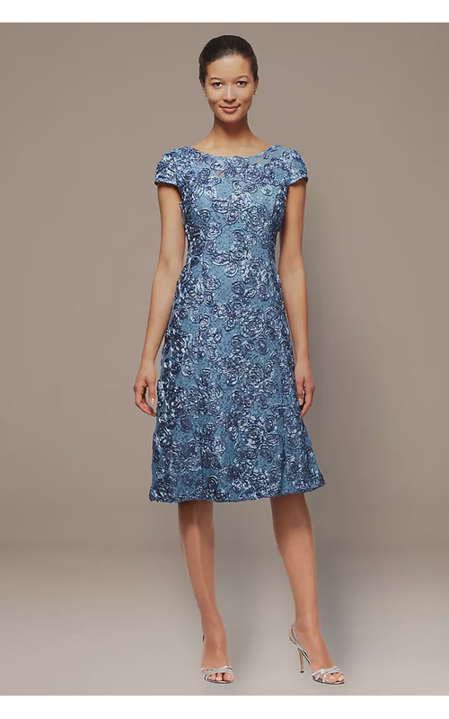 Petite A-Line Applique Dress with Cap Sleeves