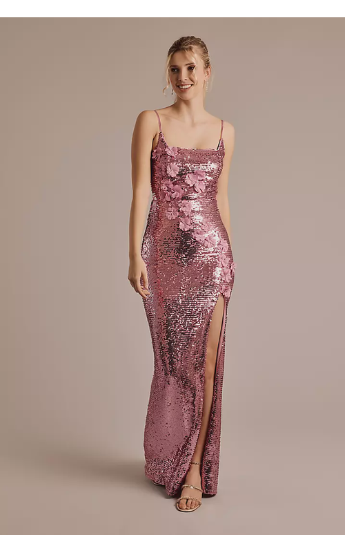 Sequin Square Neck Sheath with 3D Flowers