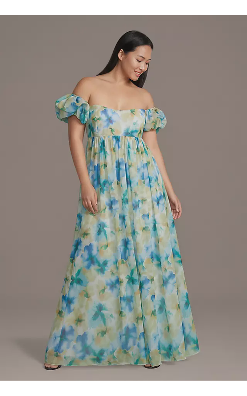 Blurred Floral Chiffon Puff Sleeve Dress