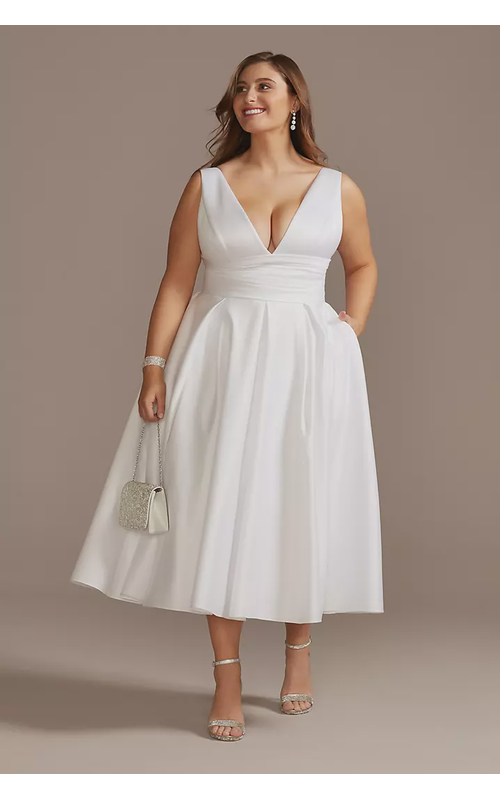 Satin V-Neck Tea Length A-Line Dress