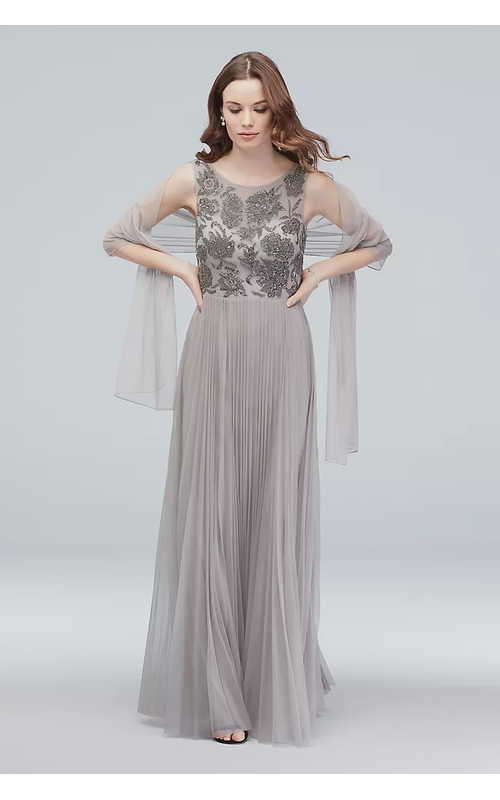 Beaded Bodice Accordion Pleated Gown with Shawl