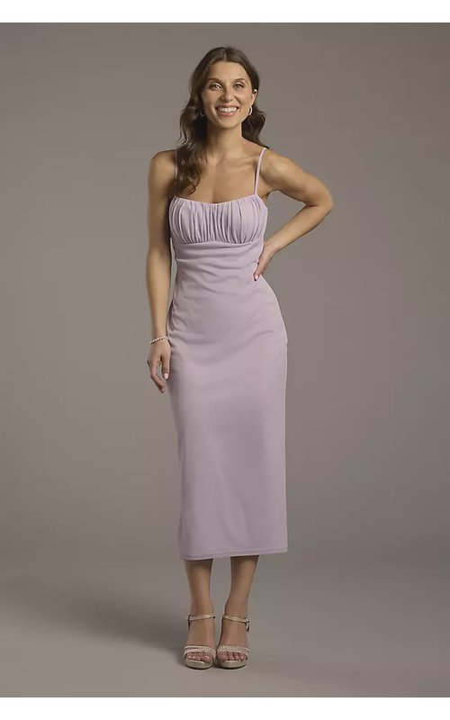 Ruched Empire Mesh Sheath Midi Dress