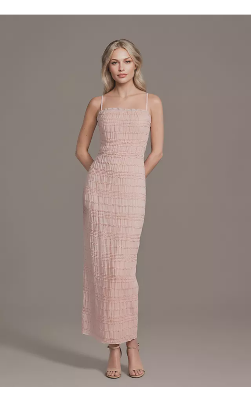 Micro Ruffle Ankle-Length Spaghetti Strap Sheath