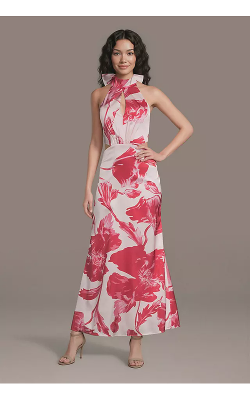 Matte Satin Print Halter Dress with Cutouts