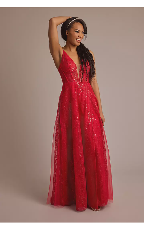 Patterned Sequin A-Line Dress with Plunge Neckline