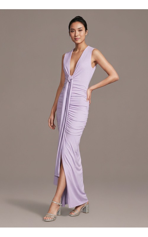 Jersey Plunge Neckline Gathered Sheath Dress