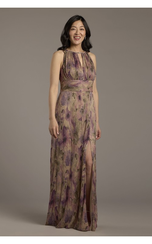 Metallic Print High Neck Sheath Dress with Keyhole