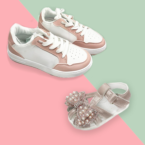 Pair of rose gold sneakers and a single pair of gold baby bow sandals found in store at dd's.
