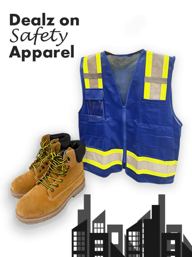 Black non-slip shoes, tan work boots, rugged orange work bots, orange reflective beanie, blue work safety vest, and black long sleeve with reflective stripes safety gear deals on safety clothing and shoes.