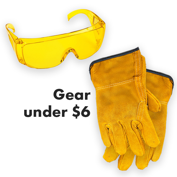 Protective eyewear and work gloves safety gear under $6. Styles may vary by store