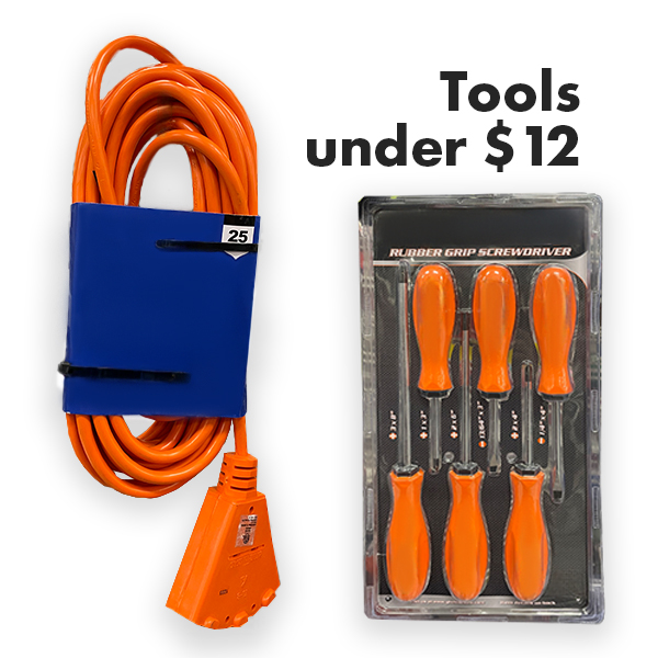 Long extension cord, and a mini screwdriver kit tools under $12. Styles may vary by store