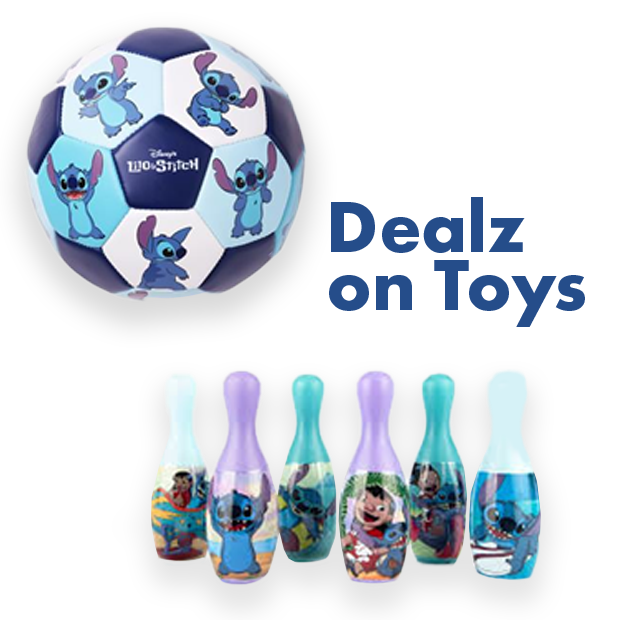 Deals on Disney’s Stitch soccer ball and bowling pins toys. 