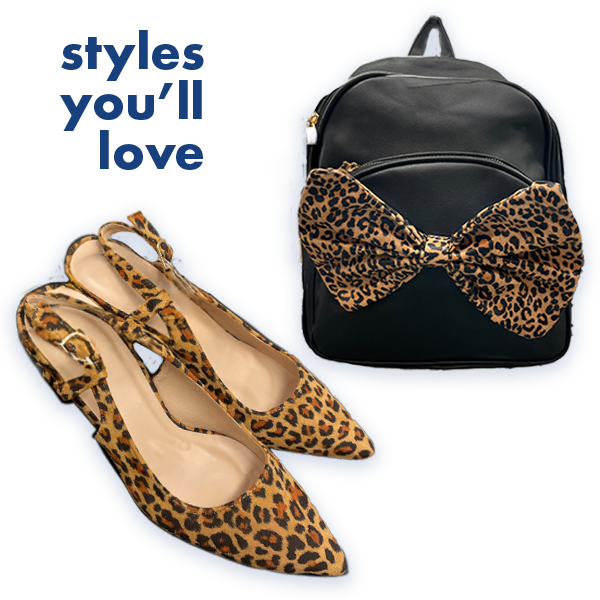 Black backpack with cheetah bow and cheetah pumps. 