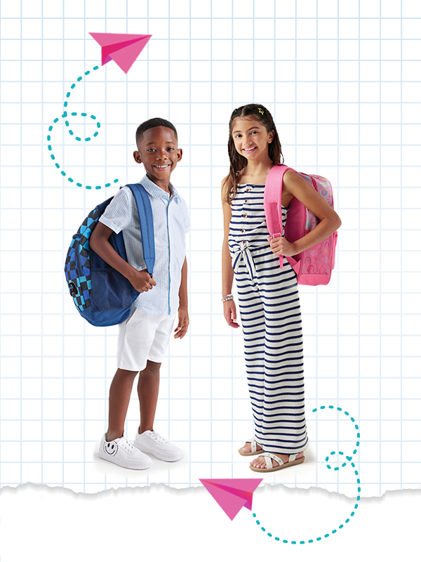 boy with blue backpack and shirt with white shorts. Girl in black and white jumpsuit with a pink backpack. 