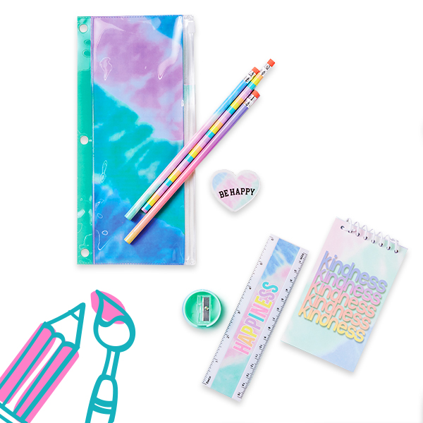 Tie dye school supplies with pencils, pouch, ruler, notebook, eraser, and pencil sharpener.