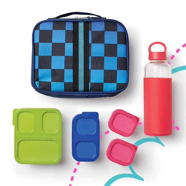 Blue checkered lunch bag with green, blue and red food container, and a red glass water bottle. 