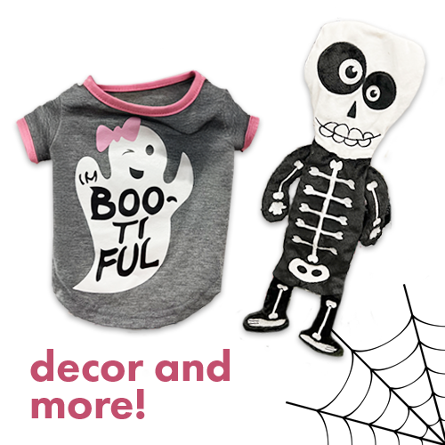 Gray pet shirt with a ghost on it and a skeleton pet toy. 