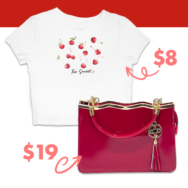 White tee shirt with cherries on it and a red handbag. Styles may vary by store.