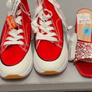 Four pair of red shoes, sandels and tennis shoes