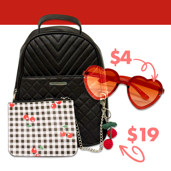Black cherry themed backpack with cherry charms and red heart-shaped sunglasses