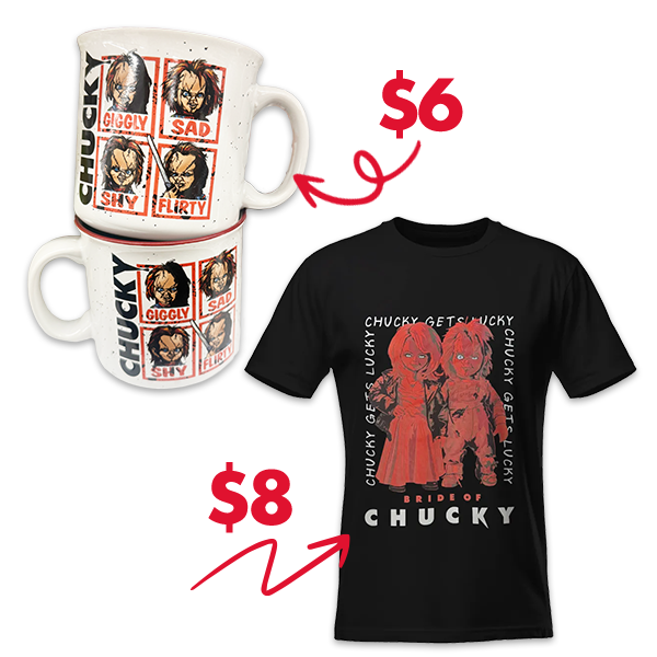 $6 white Chucky mugs & $8 black Chucky T-shirt