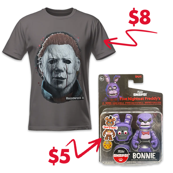 $8 gray Halloween 2 T-shirt & $5 Five Nights at Freddy's toy