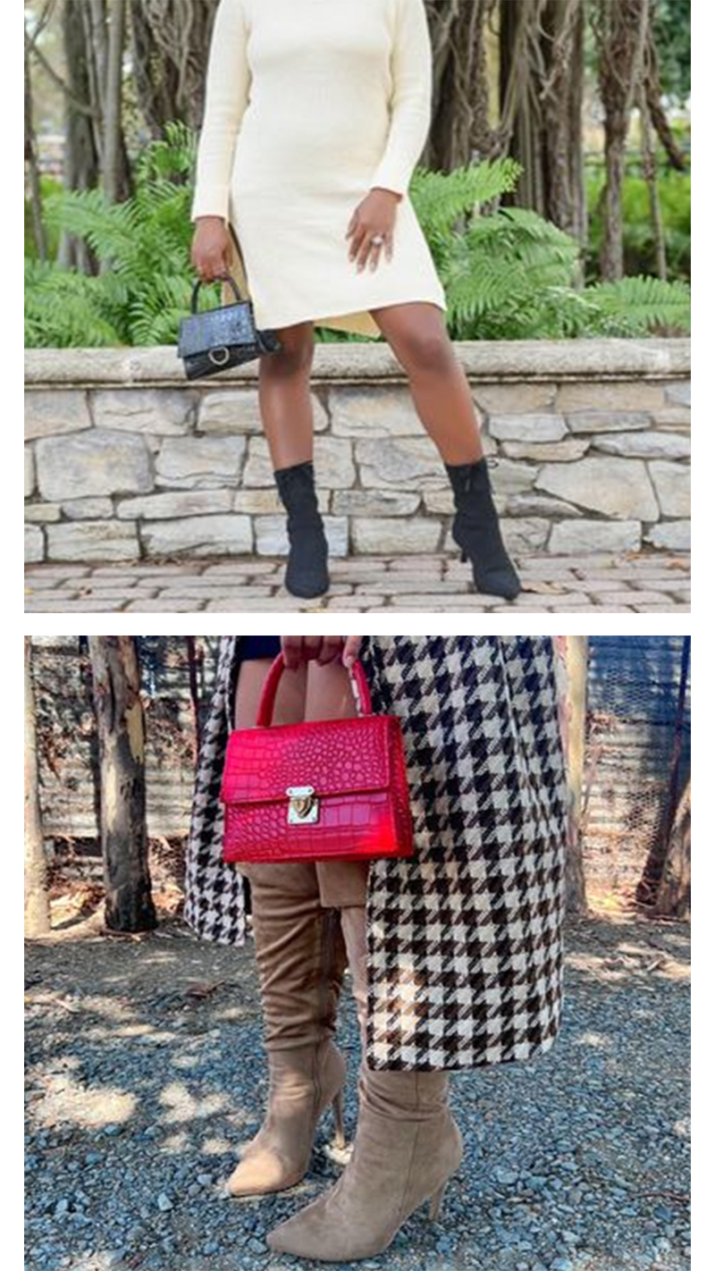 Image 1: Person wearing a white sweater dress with a black handbag and ankle boots. Image 2: Person wearing houndstooth coat with a red handbag, and brown knee high boots.