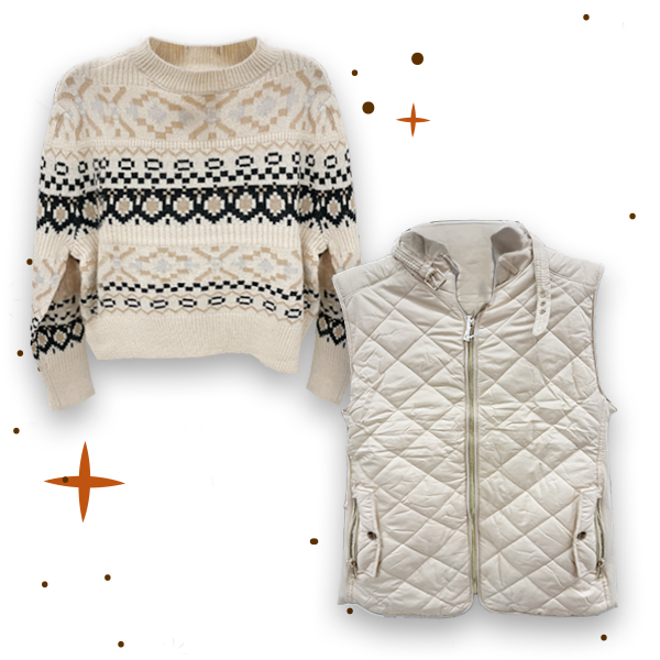 Cream colored pattern sweater and white puffer vest