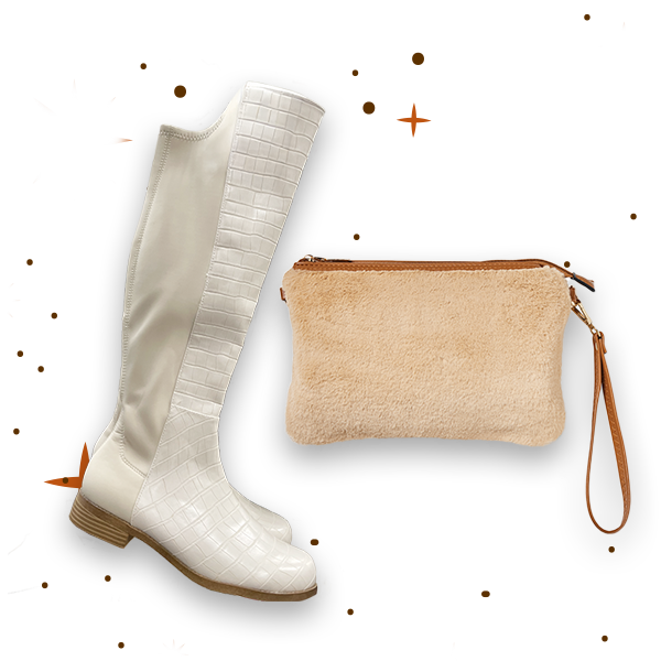 Cream colored knee faux leather high boots and tan faux fur handbag