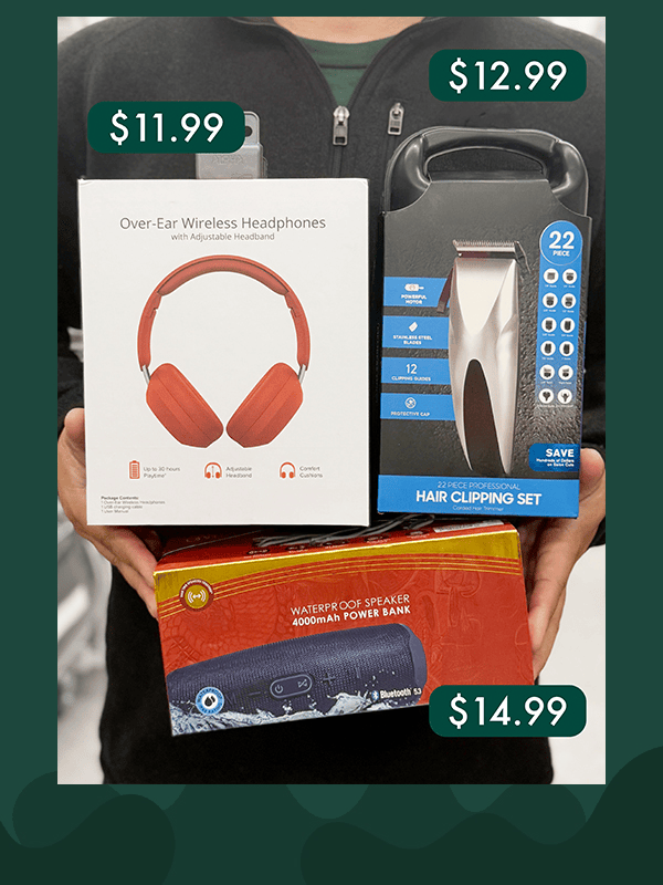 GIF of person holding various men's themed gifts under $25 including a green backpack, wallet, jewelry, red & black buffalo check jacket, gray slippers, leather work gloves, leather tool belt, blue plier set, khaki colored beanie, blue water bottle, red over-the-ear headphones, hair clipping set, and black portable speaker.. 