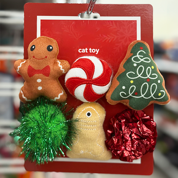 Holiday themed cat toys with gingerbread man, pepperment, christmas tree, green and red pom pom