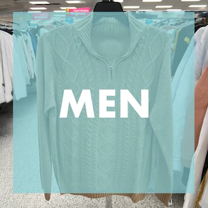 Brown men's cardigan with a teal overlay that says 