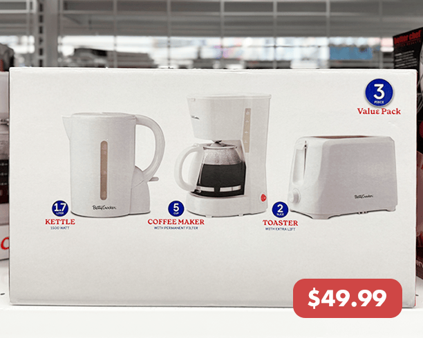 GIF of $15 white rice cooker, $25 white coffee maker, and $50 white kettle, coffee maker, and toaster set.