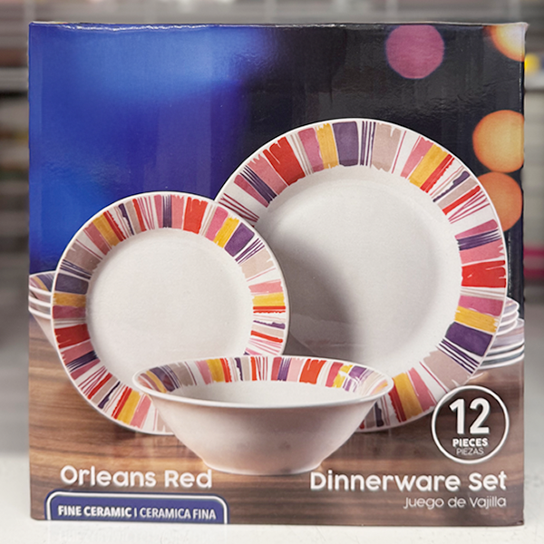 12-piece dinnerware set with plates and bowls featuring a multi-color stripe pattern