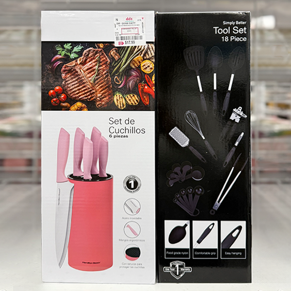 Pink knife set with four knives and a holder. Black kitchen toolset. 