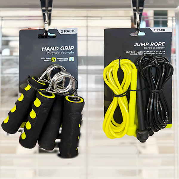 Two fitness accessories displayed on hooks: a two-pack of hand grip strengtheners and a two-pack of corded jump ropes.