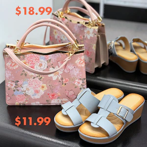 A pink floral handbag with structured handles for $18.99 shown next to light blue platform sandals for $11.99..