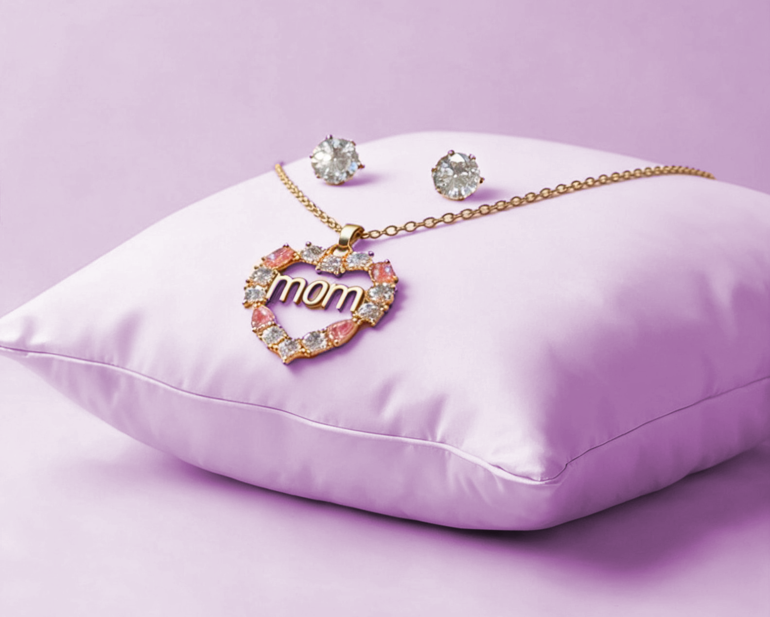 A jewelry set featuring a gold-tone necklace with a heart-shaped pendant that says “mom,” paired with round stud earrings, displayed on a soft lavender pillow.