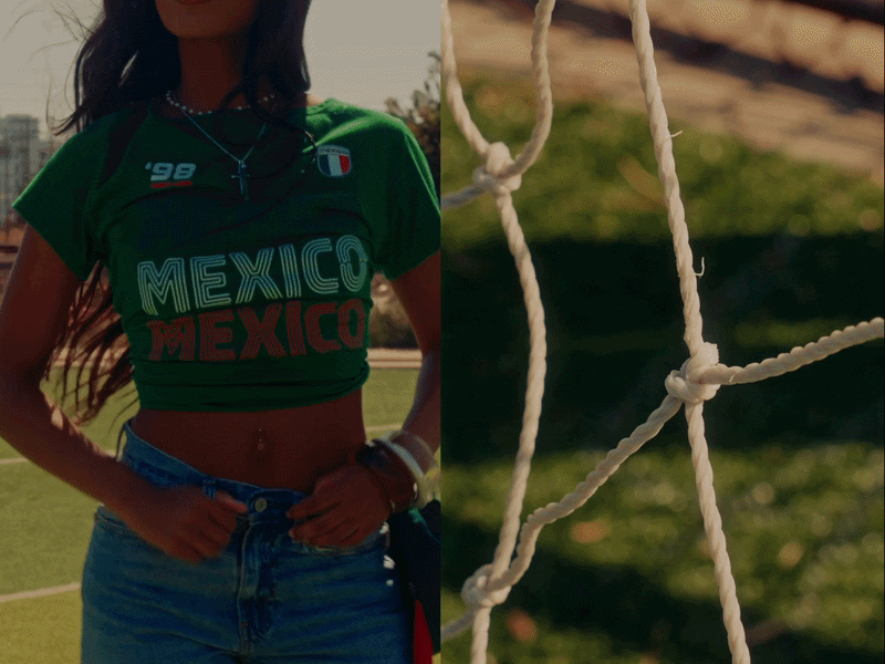 A person wearing a Brazil, Mexico, and USA cropped soccer top in multiple frames. 