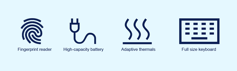 Fingerprint reader, High capacity battery, Adaptive thermals, Full size keyboard banner