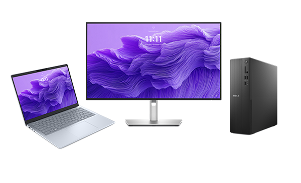 Dell 14 Plus Laptop, Dell UltraSharp 27 4K Thunderbolt Hub Monitor and Dell ECS1250 Slim Tower Desktop