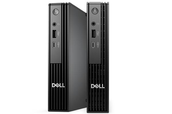 Two Dell Pro Micro Desktop computers on a gray background.