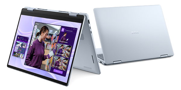 A Dell 14 Plus 2 in 1 touch computer shown in tent mode and laptop mode.