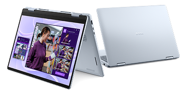 A Dell 14 Plus 2 in 1 touch computer shown in tent mode and laptop mode.