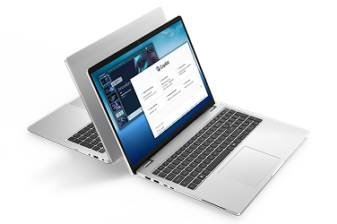 Two Dell Pro 16 Plus Laptop​s arranged back to back.