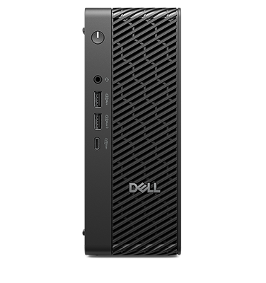 A Dell desktop computer on a dark gray                                                 background.